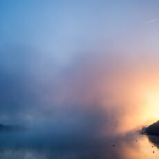 un paysage de bord de Loire dans la brume au levé du soleil.